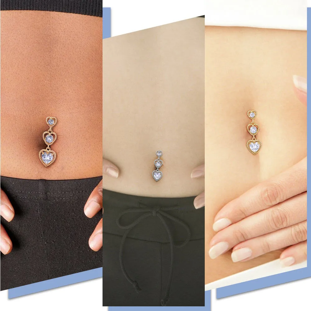 14G Triple CZ Hearts Reverse Dangle Belly Button Ring
