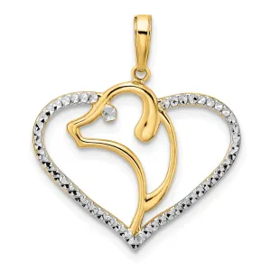 14k Yellow Gold White White Rhodium Open Back Solid Polished Diamond Cut Finish Dog Head Design in Heart Shape Charm Pendant