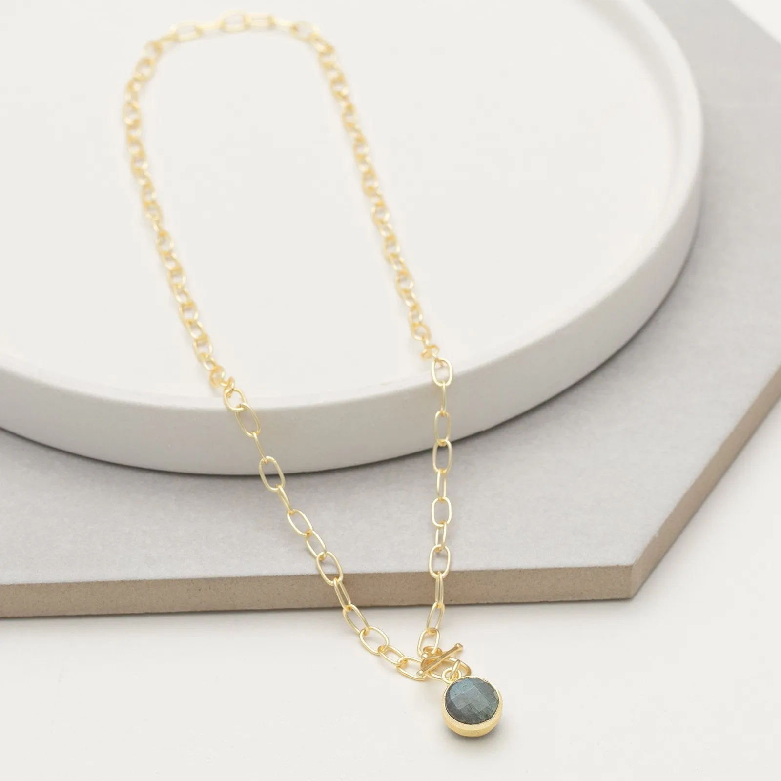 18 Inch 18K Gold Plated Link And Labradorite Gemstone Pendant Necklace