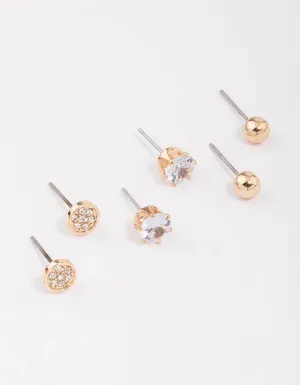 Gold Glitter Diamante Stud Earring 3-Pack