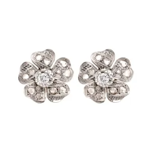 Mid-Century Diamond 18K Yellow White Gold Flower Studs