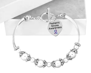 Pediatric Stroke Awareness Heart Charm Blue & Purple Ribbon Partial Beaded Bracelets