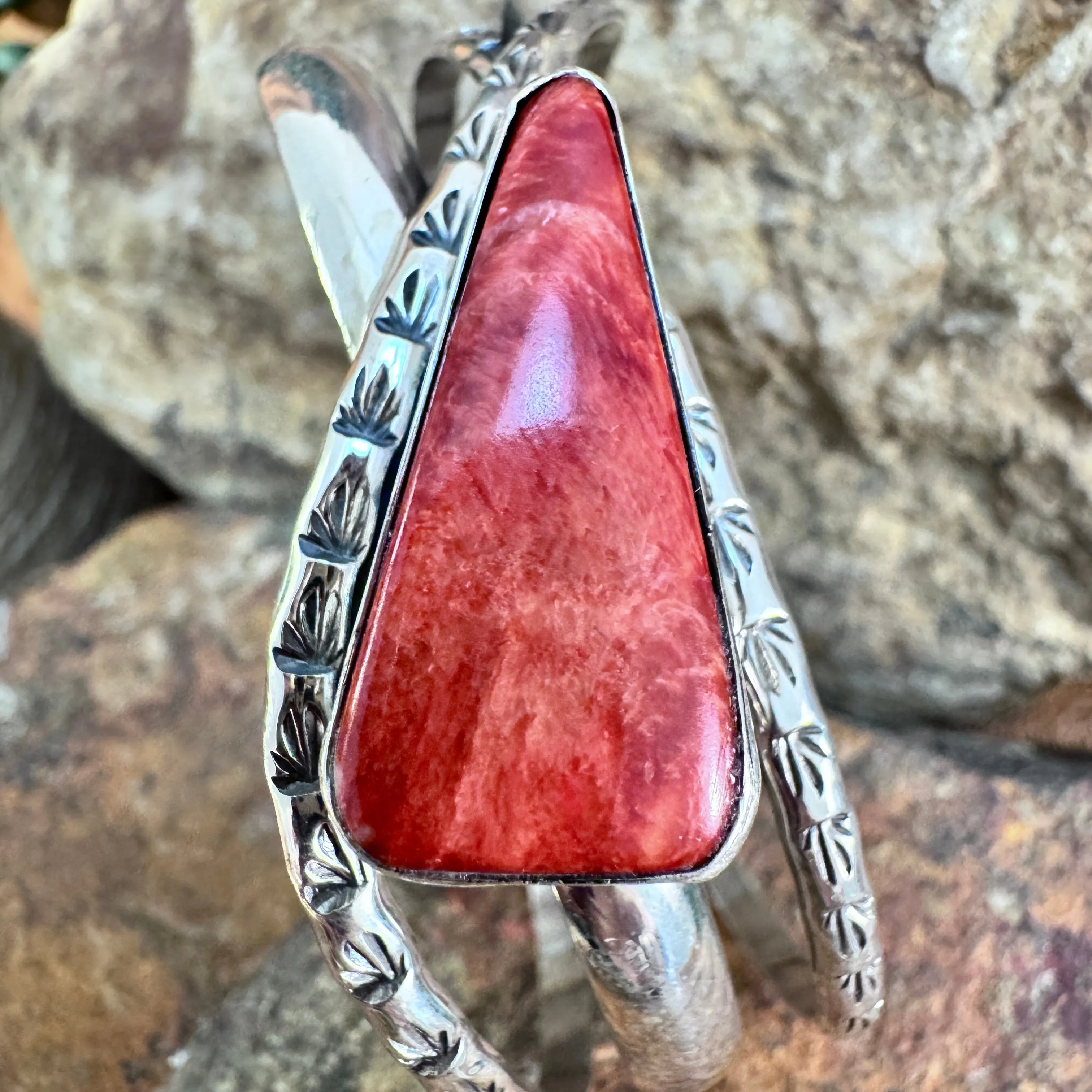 Red Spiny Oyster Shell Sterling Silver Bracelet by Wil Denetdale